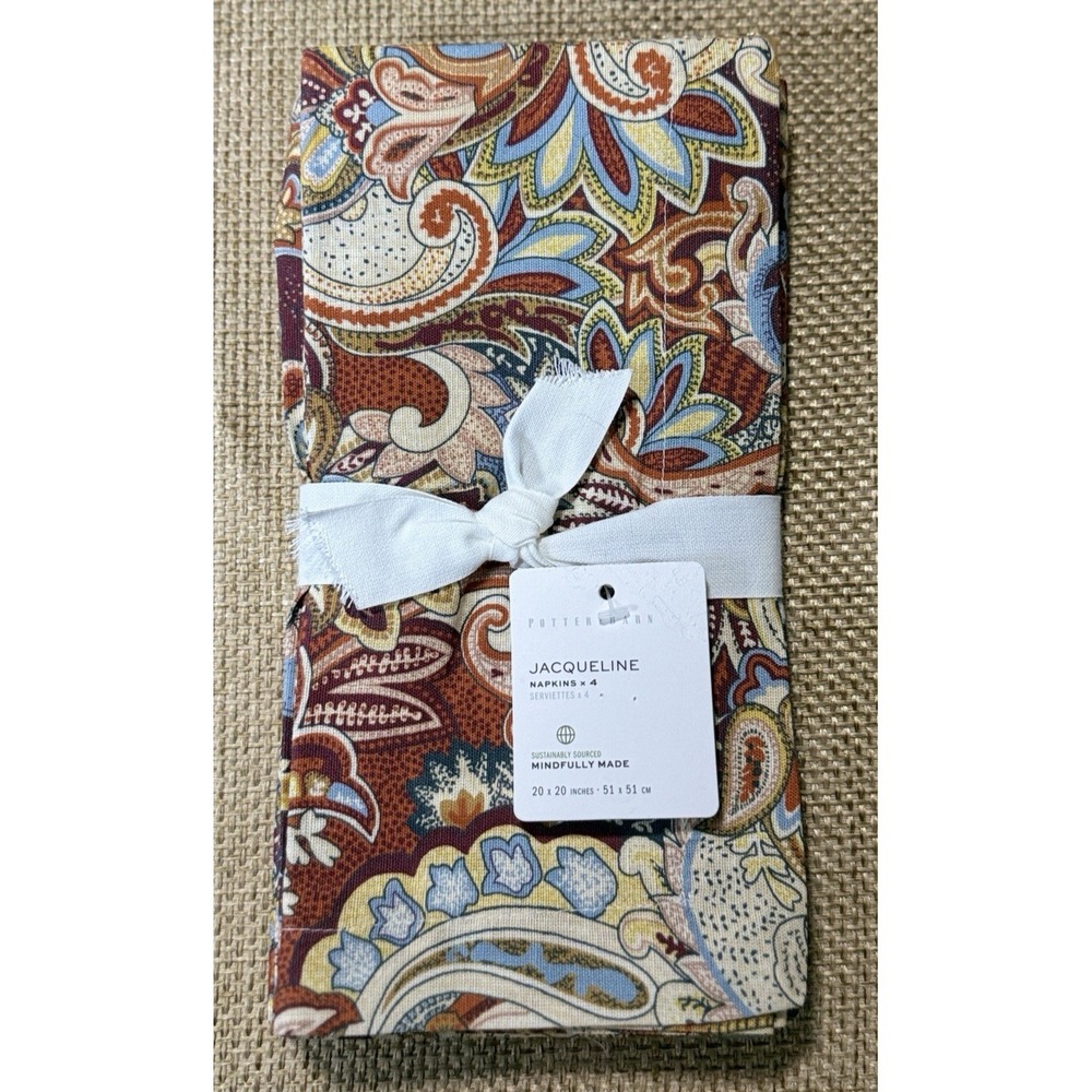 Pottery Barn Jacqueline Napkins Paisley Floral Cotton Linen Rust‎ 20x20" Boho